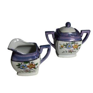 Blue Lusterware? - Creamer & Sugar Set - Floral - Made in Japan #82